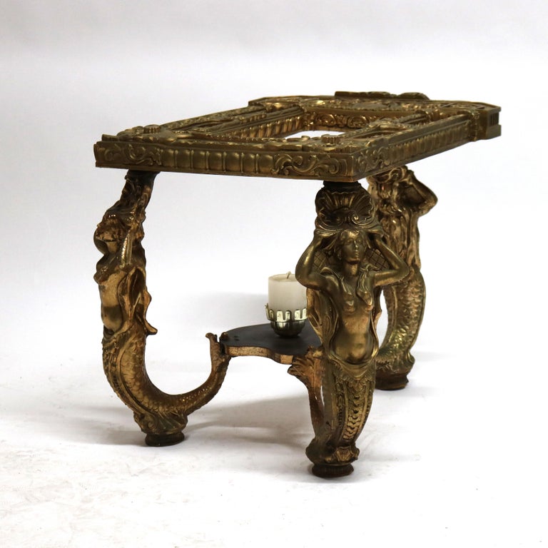 Antique Hollywood Regency Figural Mermaid Caryatid Brass & Glass Table C1930