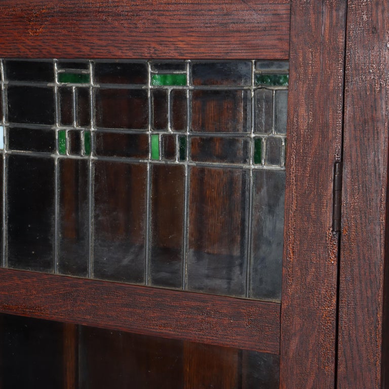Antique Arts & Crafts Oak Double Door Bookcase with Leaded Glass C1920