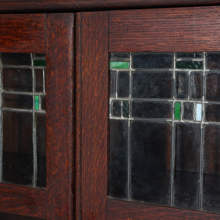 Antique Arts & Crafts Oak Double Door Bookcase with Leaded Glass C1920