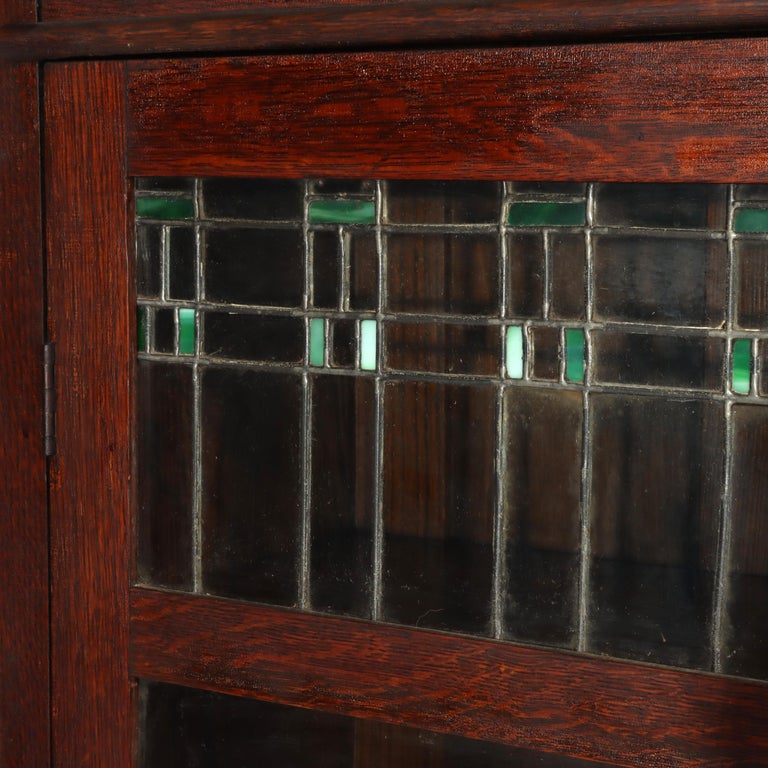 Antique Arts & Crafts Oak Double Door Bookcase with Leaded Glass C1920