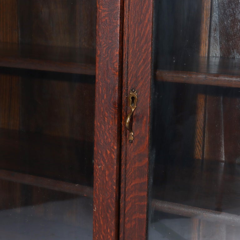 Antique Arts & Crafts Oak Double Door Bookcase with Leaded Glass C1920