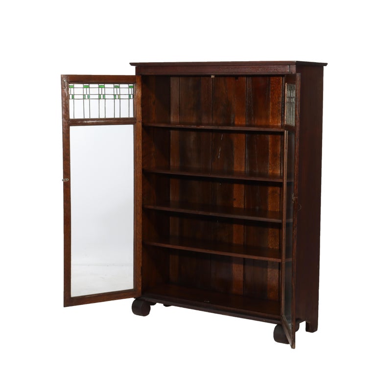 Antique Arts & Crafts Oak Double Door Bookcase with Leaded Glass C1920