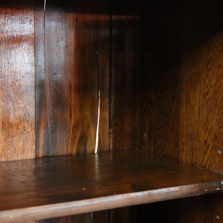 Antique Arts & Crafts Oak Double Door Bookcase with Leaded Glass C1920