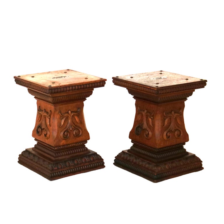 Pair of Antique RJ Horner Attr. Foliate Carved Oak Sculpture Pedestals C1900