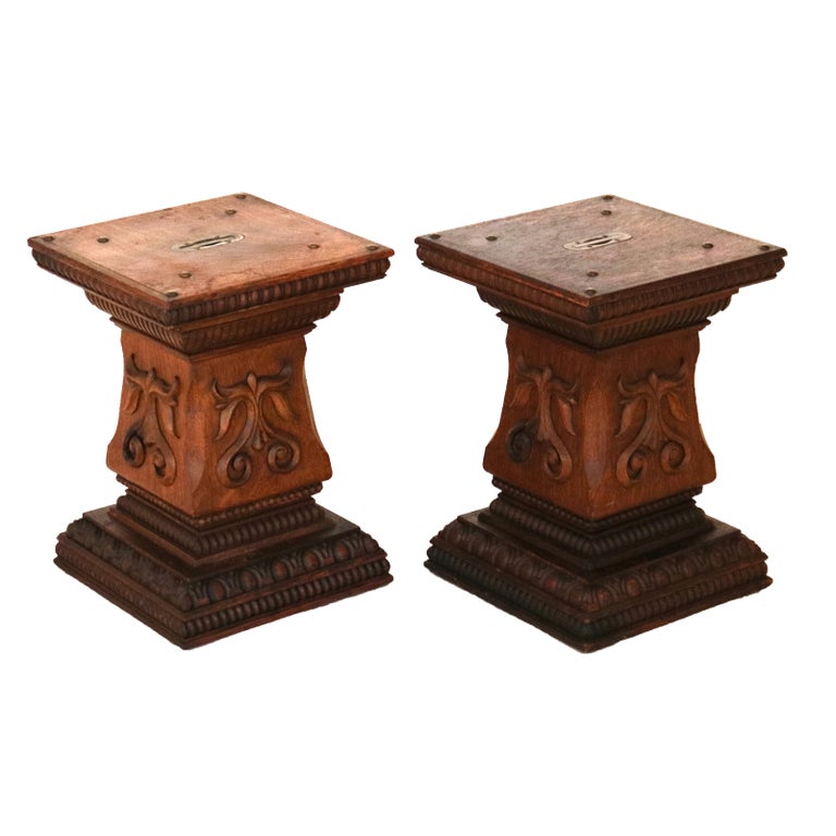 Pair of Antique RJ Horner Attr. Foliate Carved Oak Sculpture Pedestals C1900