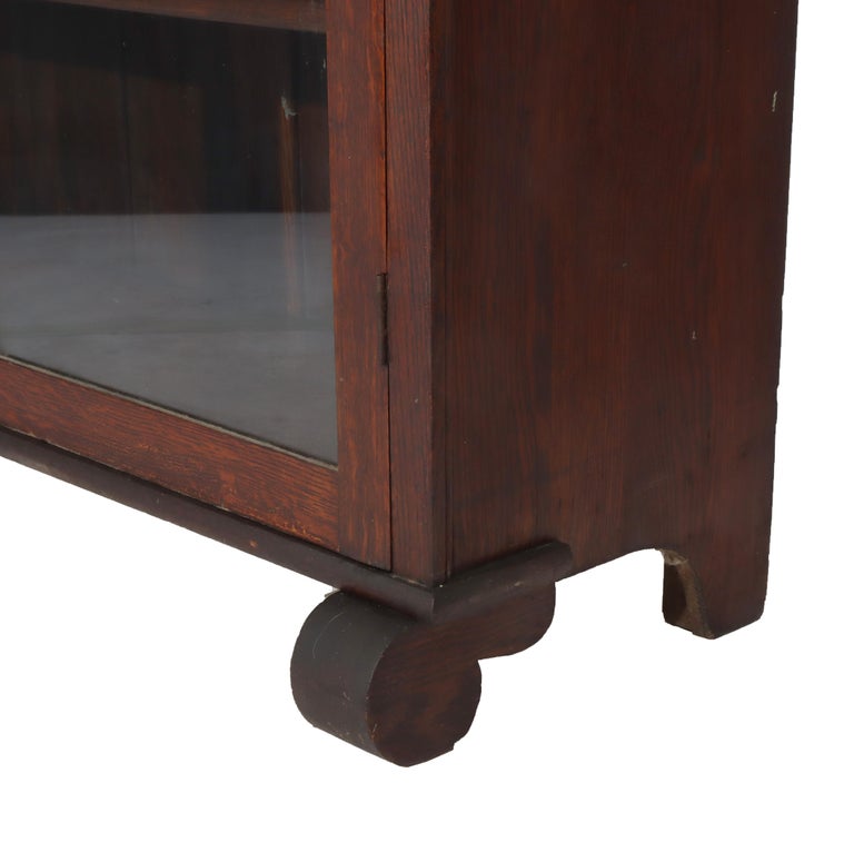 Antique Arts & Crafts Oak Double Door Bookcase with Leaded Glass C1920