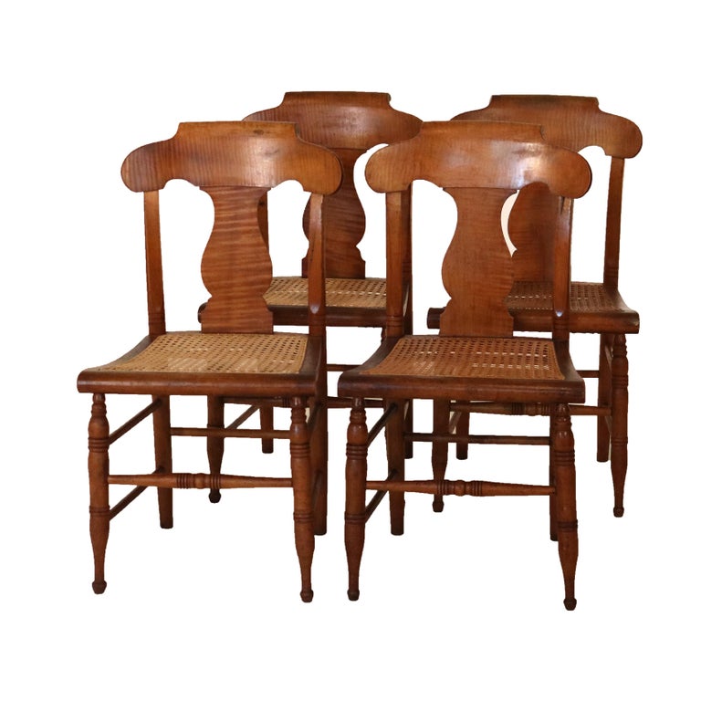 Four Antique Smith Ely, NY Tiger Maple & Cane Seat Dining Chairs C1870