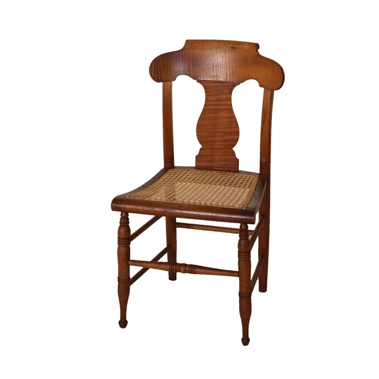 Four Antique Smith Ely, NY Tiger Maple & Cane Seat Dining Chairs C1870