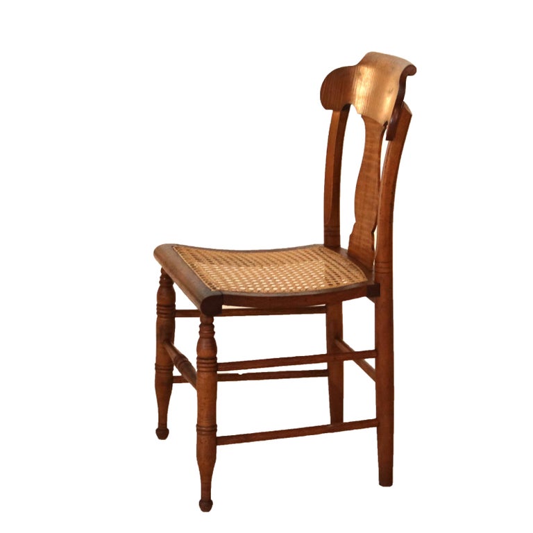 Four Antique Smith Ely, NY Tiger Maple & Cane Seat Dining Chairs C1870