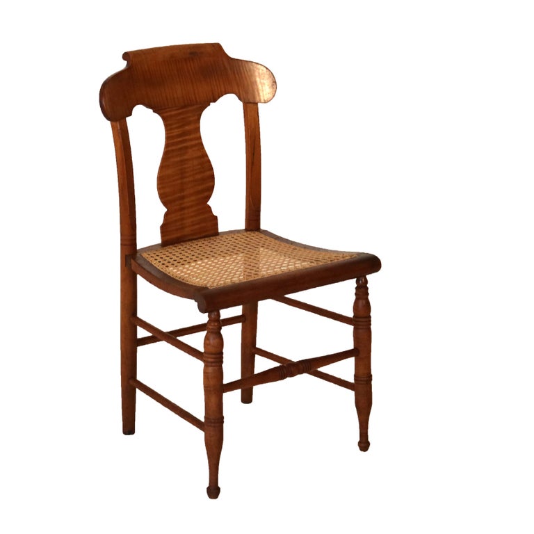 Four Antique Smith Ely, NY Tiger Maple & Cane Seat Dining Chairs C1870