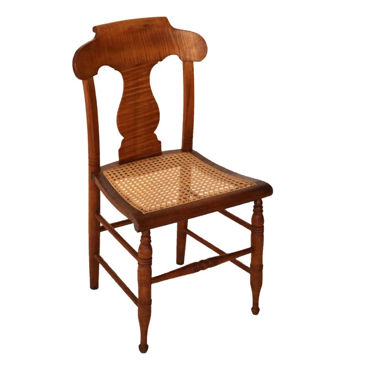 Four Antique Smith Ely, NY Tiger Maple & Cane Seat Dining Chairs C1870