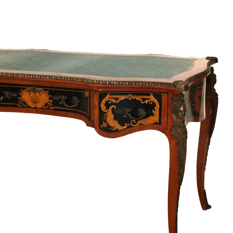 French Louis XIV Style Mahogany & Figural Ormolu Leather Top Three-Drawer Desk