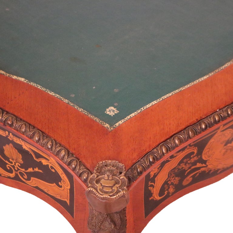 French Louis XIV Style Mahogany & Figural Ormolu Leather Top Three-Drawer Desk