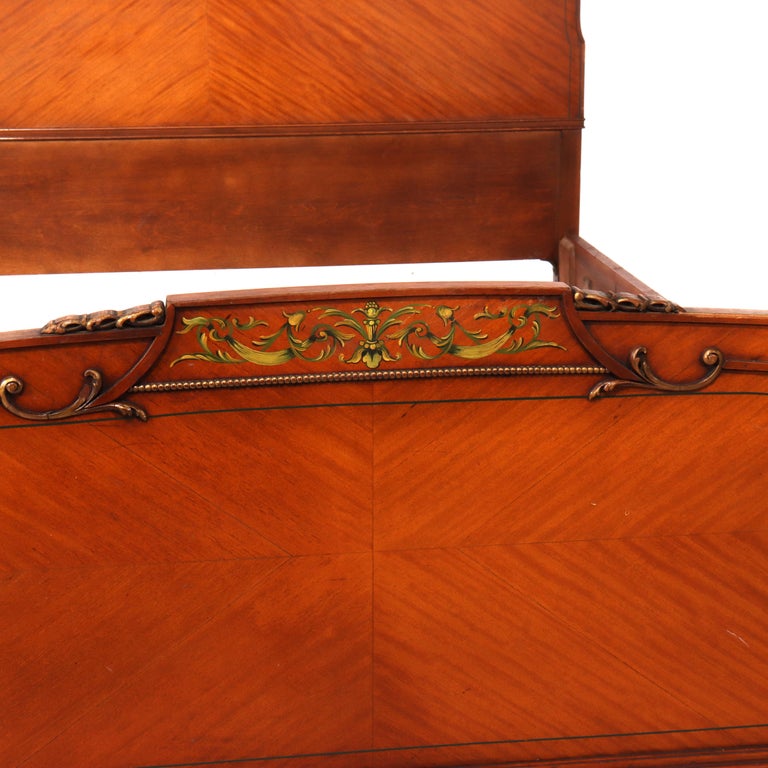 Antique Neoclassical Satinwood Double Bed With Hand Painted Swags c1930