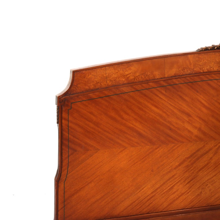 Antique Neoclassical Satinwood Double Bed With Hand Painted Swags c1930