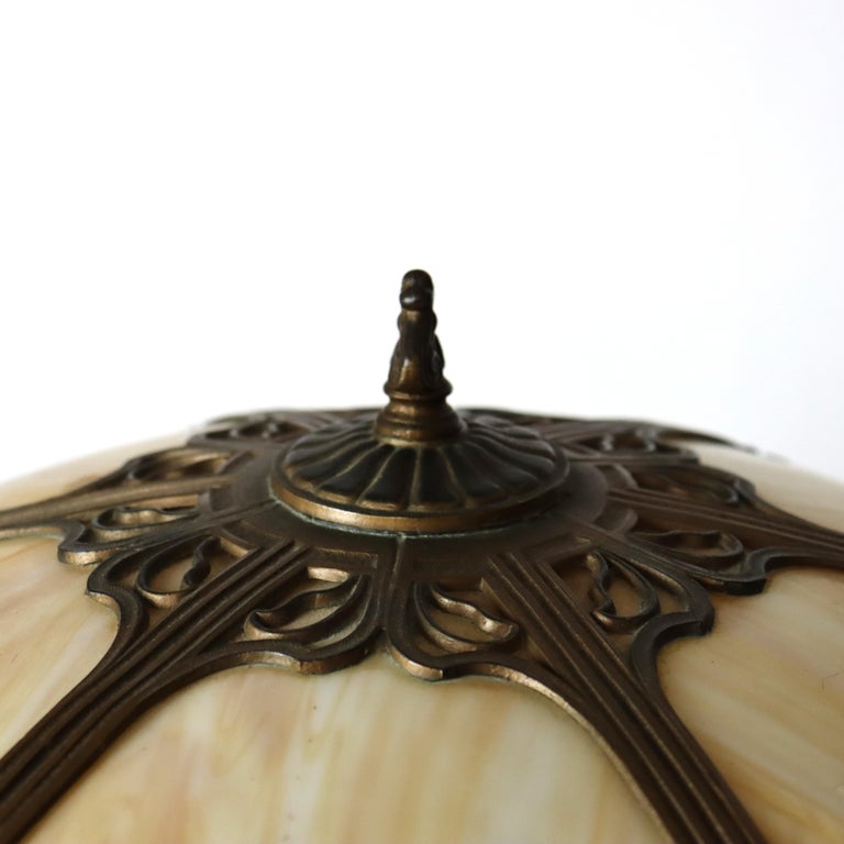 Antique Bradley & Hubbard School Arts & Crafts 6-Panel Slag Glass Lamp C1920