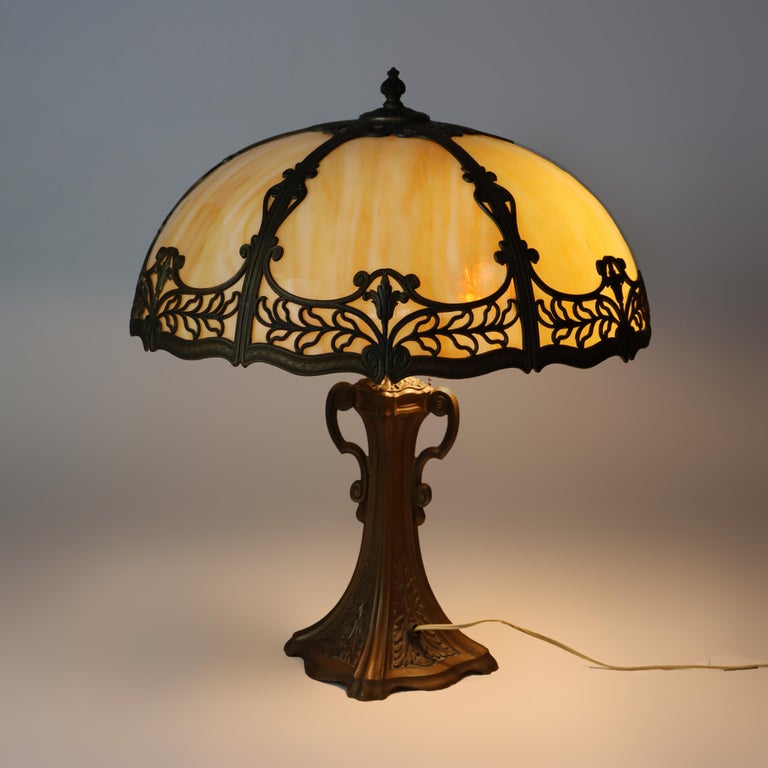 Antique Bradley & Hubbard School Arts & Crafts 6-Panel Slag Glass Lamp C1920