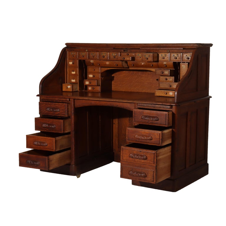 Antique Oak S-Roll Top Desk with Full Interior Unsigned C1900