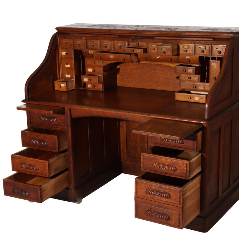 Antique Oak S-Roll Top Desk with Full Interior Unsigned C1900