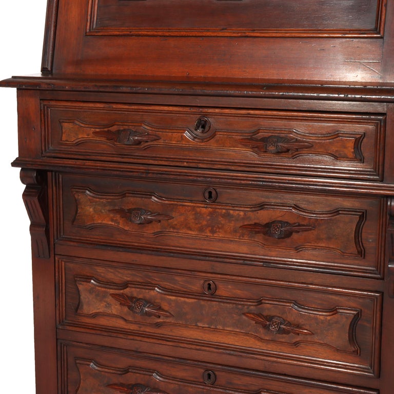 Antique Renaissance Revival Walnut & Burl Four-Drawer Drop Front Secretary c1880