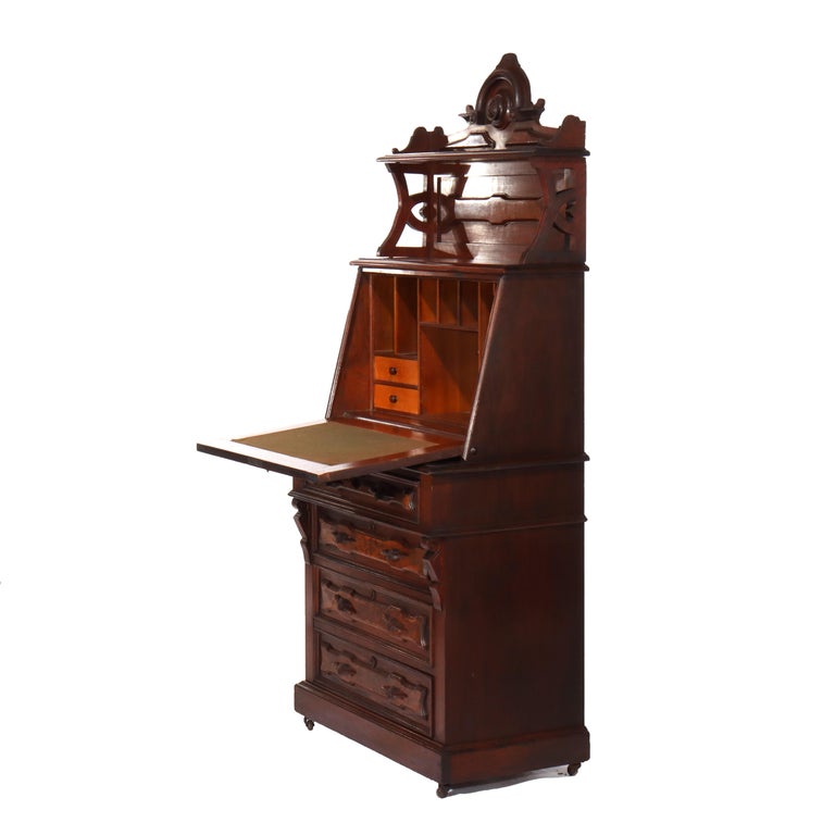 Antique Renaissance Revival Walnut & Burl Four-Drawer Drop Front Secretary c1880