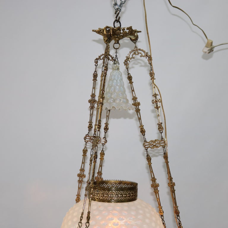 Antique Aesthetic Brass & Opalescent Hobnail Glass Hanging Library Lamp C1890