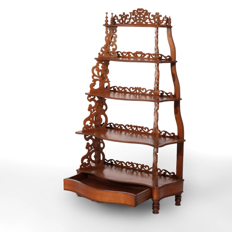 Antique Walnut Filigree Five-Shelf Etagere With Drawer C1880