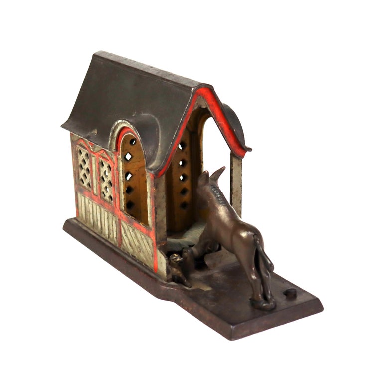 Antique Panted Cast Iron Figural Mule & Barn Mechanical Bank C1880