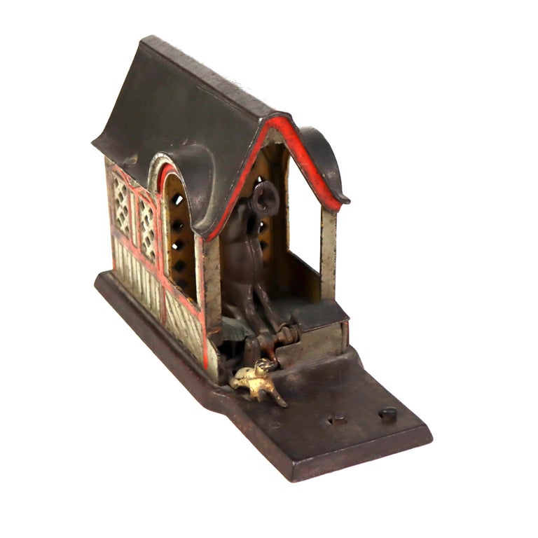 Antique Panted Cast Iron Figural Mule & Barn Mechanical Bank C1880