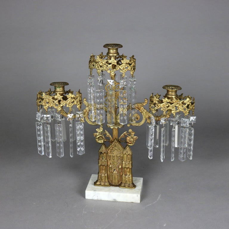 Antique Brass, Marble & Crystal Girandole Candelabra with Bigelow Chapel c1890