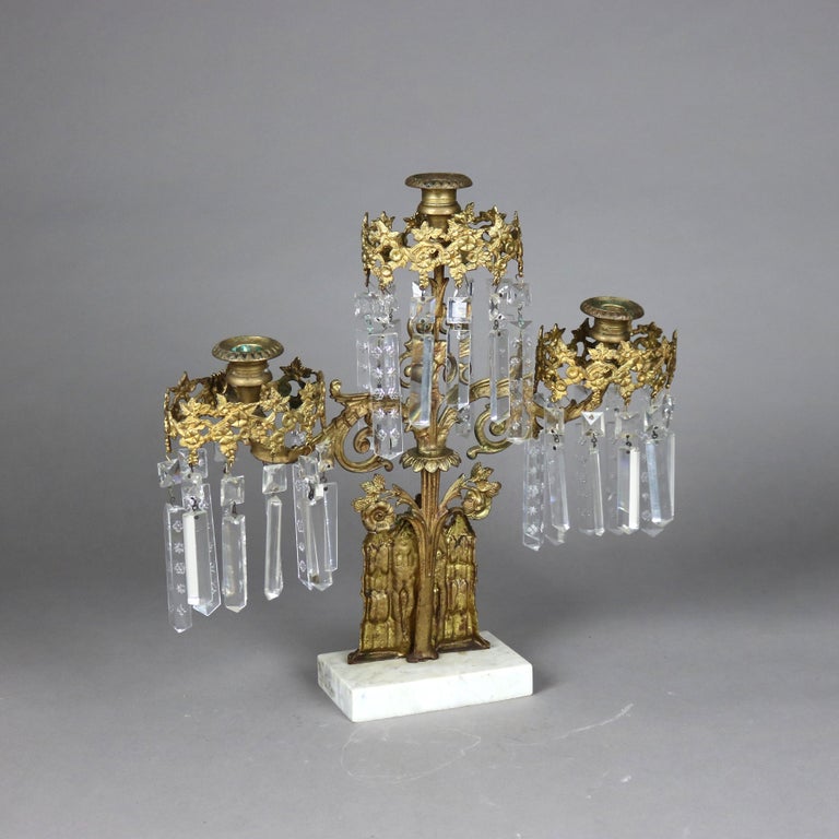 Antique Brass, Marble & Crystal Girandole Candelabra with Bigelow Chapel c1890