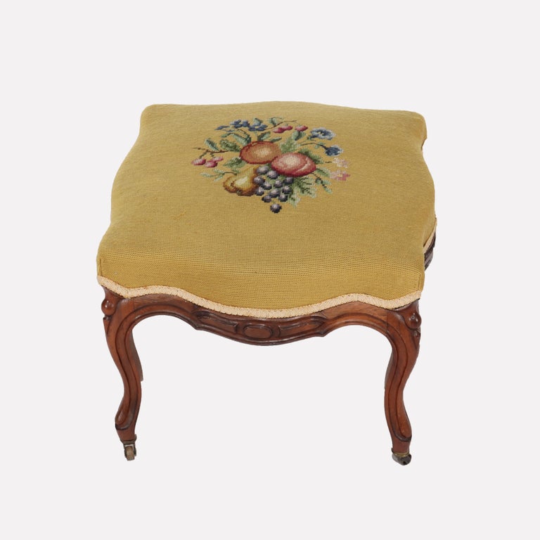 Antique Rococo Revival Rosewood Footstool with Floral Needlepoint C1890