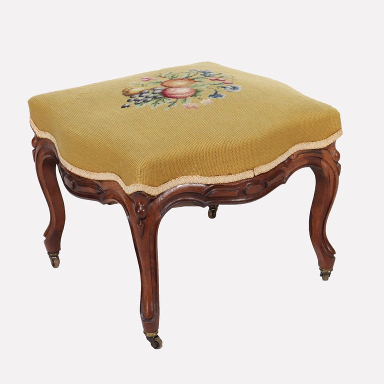Antique Rococo Revival Rosewood Footstool with Floral Needlepoint C1890