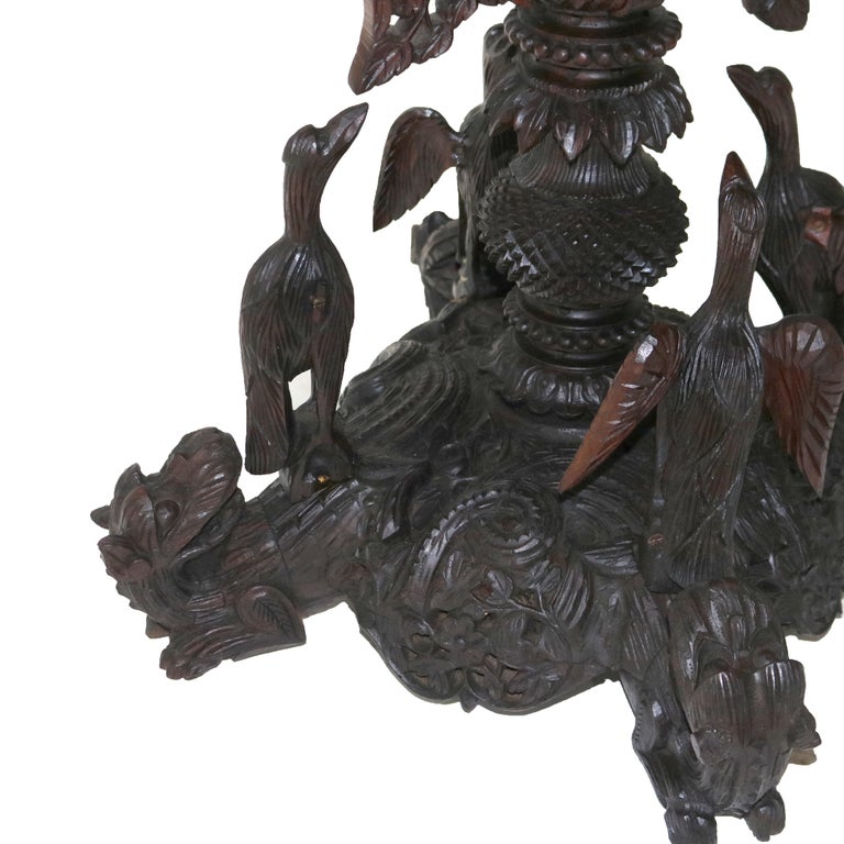 Antique Anglo Indian Carved Figural Bird, Floral & Foliage Rosewood Table 19thC
