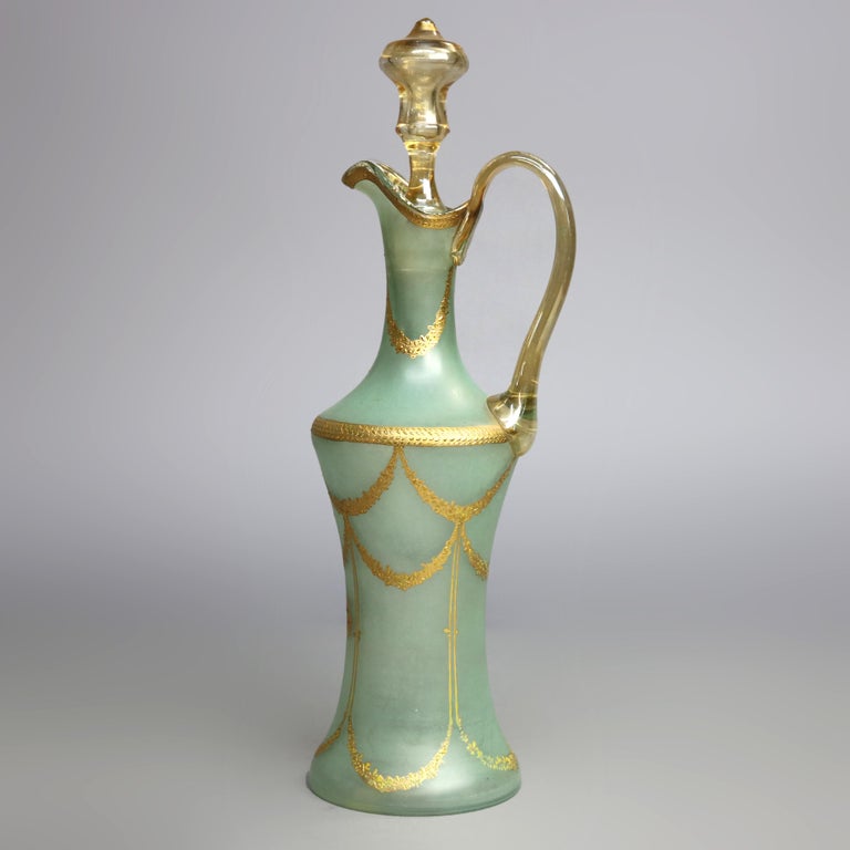 Oversized Hand Blown Glass Ewer with Panier de Fleurs & Gilt Swag, circa 1900