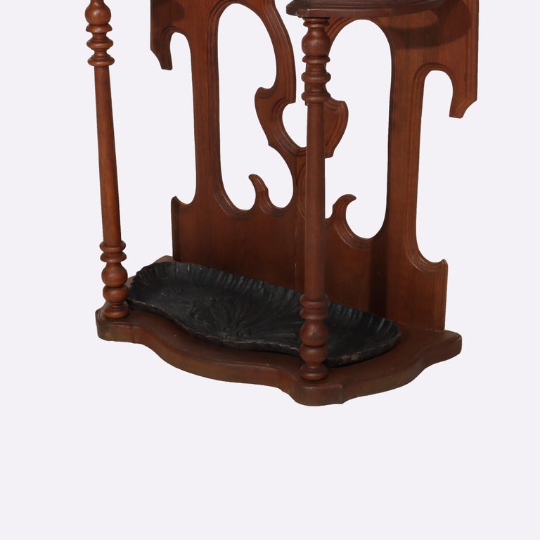 Antique Victorian Gothic Mirrored Walnut Hall Tree With Umbrella Stand c1890