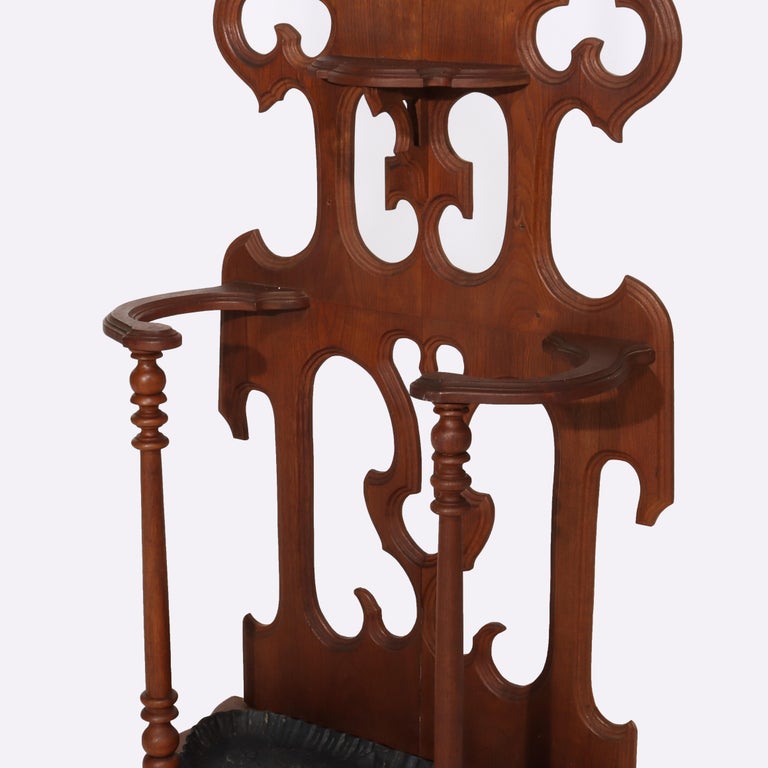 Antique Victorian Gothic Mirrored Walnut Hall Tree With Umbrella Stand c1890