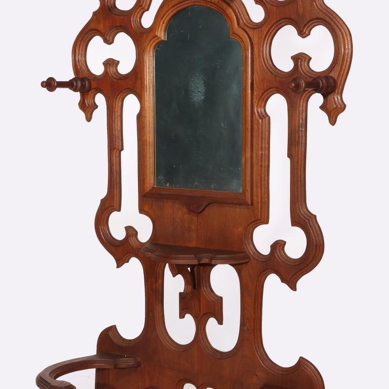 Antique Victorian Gothic Mirrored Walnut Hall Tree With Umbrella Stand c1890