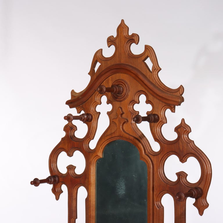 Antique Victorian Gothic Mirrored Walnut Hall Tree With Umbrella Stand c1890