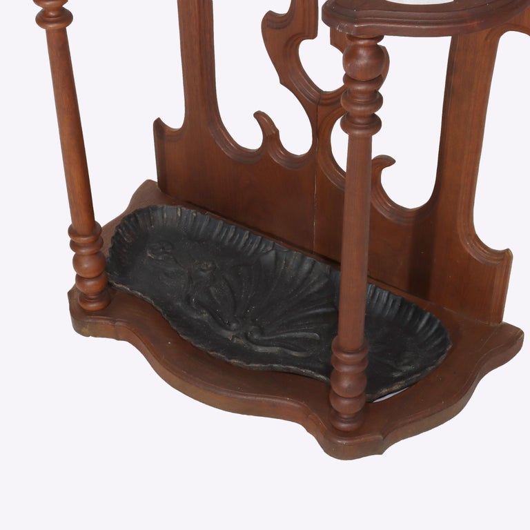 Antique Victorian Gothic Mirrored Walnut Hall Tree With Umbrella Stand c1890