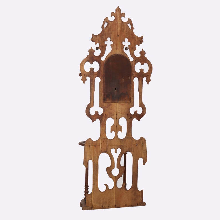 Antique Victorian Gothic Mirrored Walnut Hall Tree With Umbrella Stand c1890