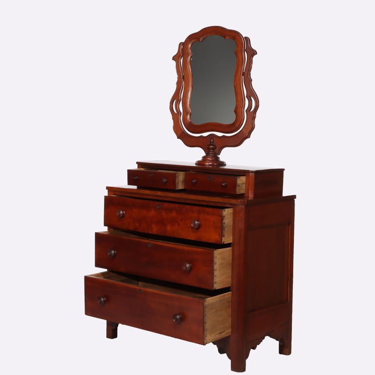 Antique Shaker School Cherry 5-Drawer Chest With Mirror C1890