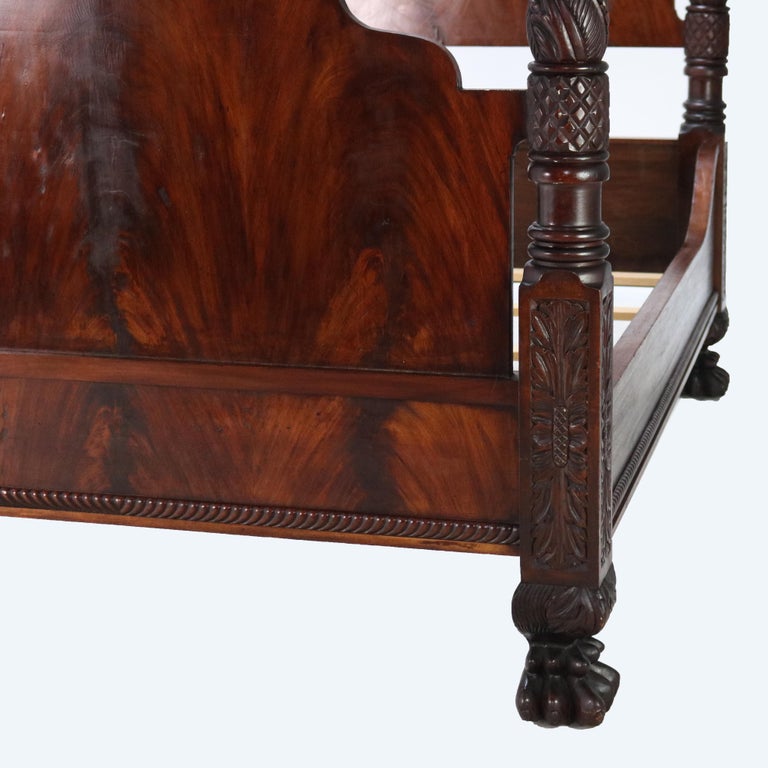 Monumental American Empire Neoclassical Carved Flame Mahogany Poster Bed c1840