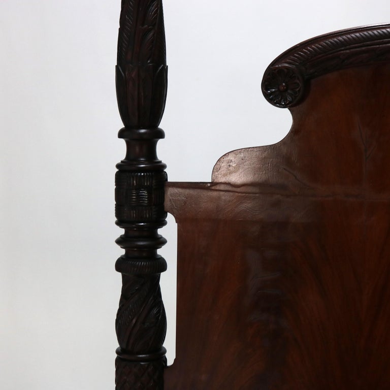 Monumental American Empire Neoclassical Carved Flame Mahogany Poster Bed c1840