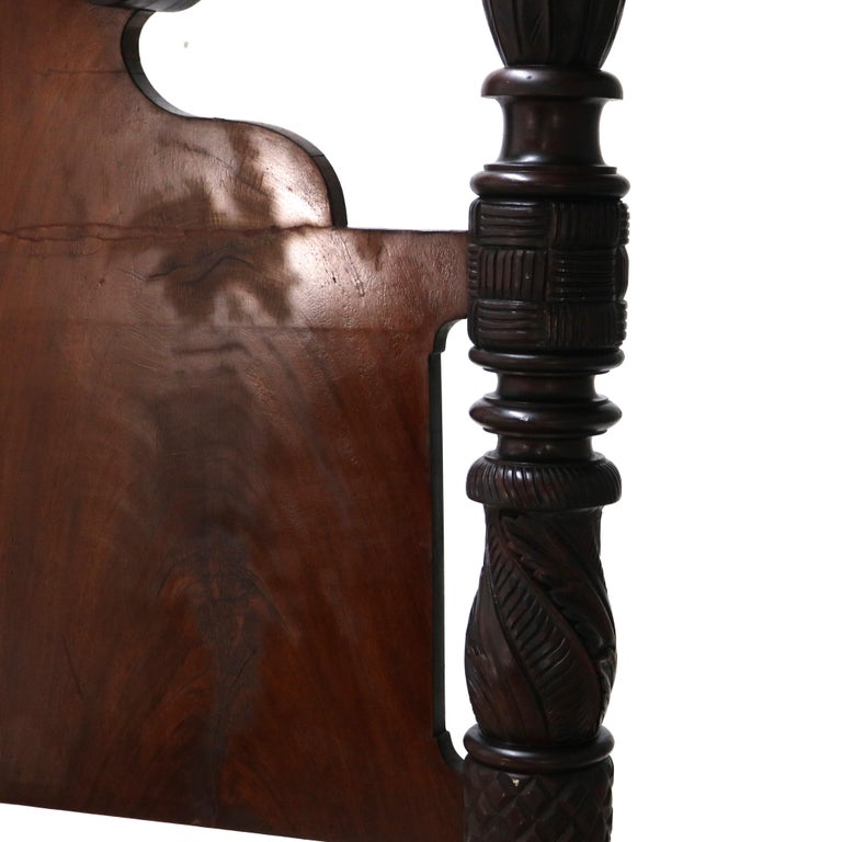 Monumental American Empire Neoclassical Carved Flame Mahogany Poster Bed c1840