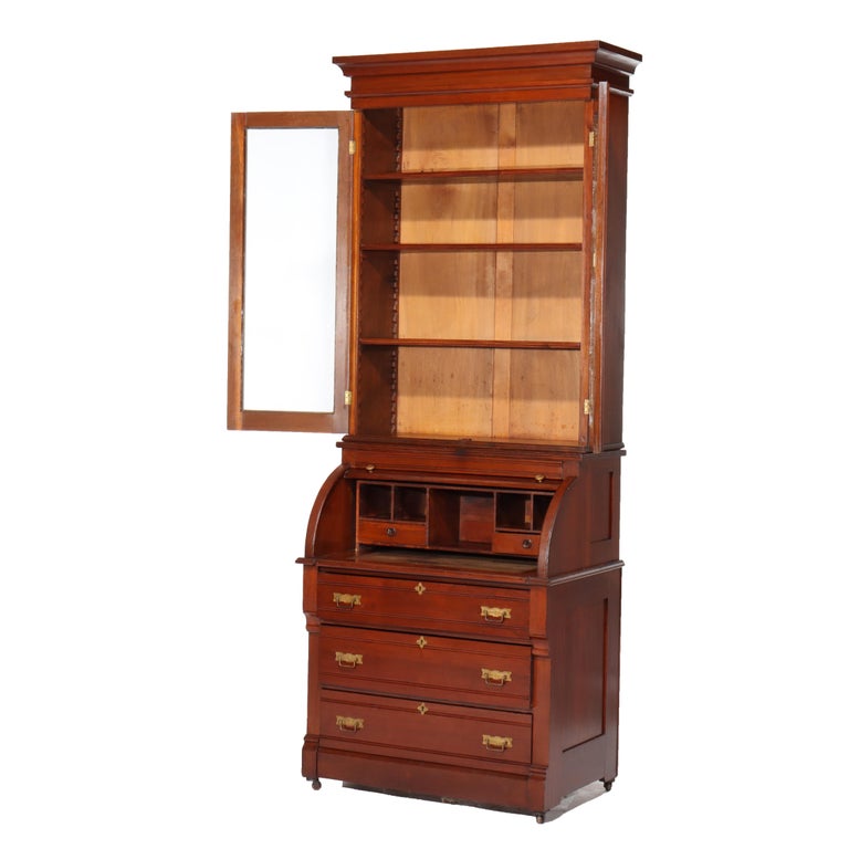 Antique Eastlake Walnut Cylinder Roll Top Desk C1890