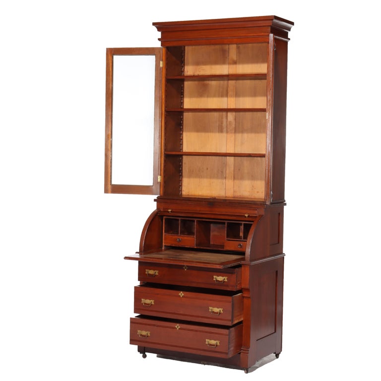 Antique Eastlake Walnut Cylinder Roll Top Desk C1890