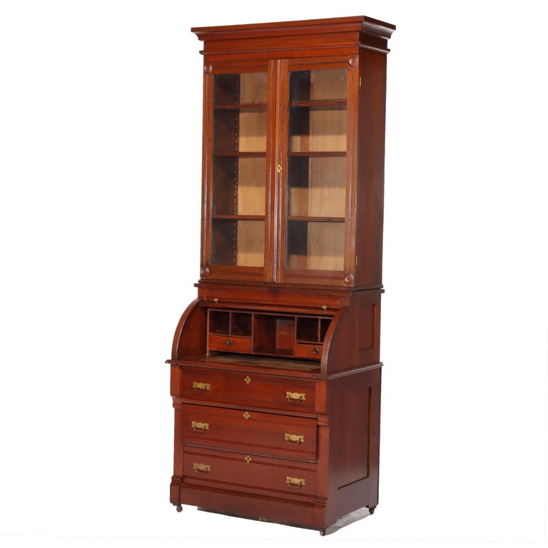 Antique Eastlake Walnut Cylinder Roll Top Desk C1890