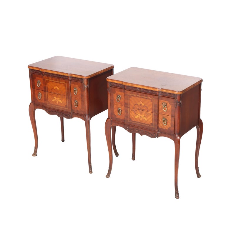 Pair Of Antique French Louis XV Mahogany & Satinwood Inlaid 2-Drawer Stands