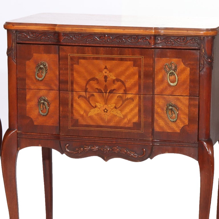 Pair Of Antique French Louis XV Mahogany & Satinwood Inlaid 2-Drawer Stands